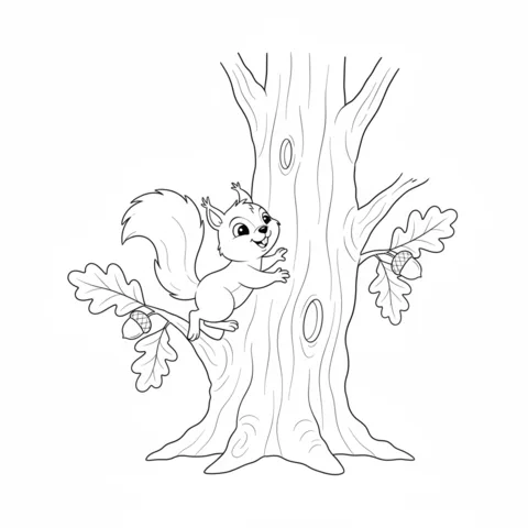 Desenho de esquilo para colorir: um esquilo feliz escalando um galho de árvore com bolotas