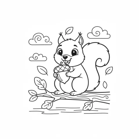 Desenho de esquilo para colorir: um esquilo alegre segurando uma bolota, sentado em um galho com folhas e nuvens