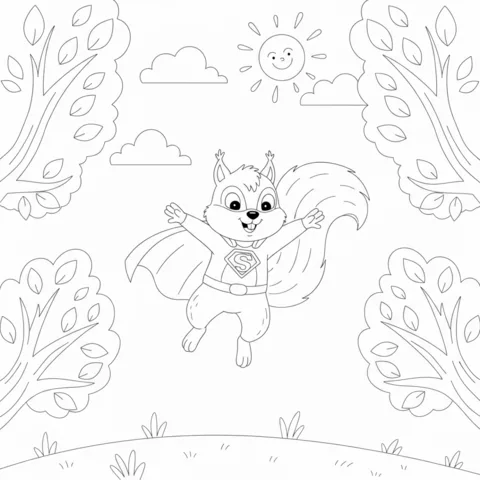 Desenho de esquilo para colorir: um esquilo super-herói voando com uma capa, em uma floresta com um sol sorridente