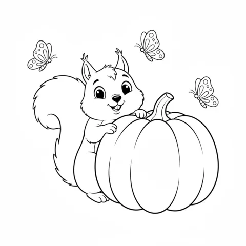 Desenho de esquilo para colorir: um esquilo feliz ao lado de uma abóbora grande, com três borboletas voando ao redor