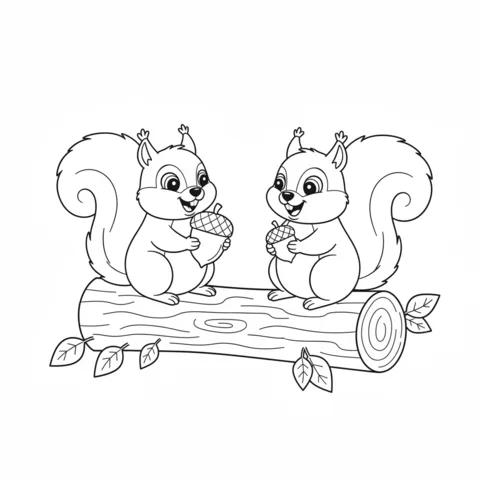 Desenho de esquilo para colorir: dois esquilos felizes sentados em um tronco, cada um segurando uma bolota