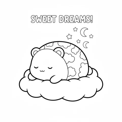 Ausmalbild Squishmallows: ein schlafender Bär Squishmallow auf einer Wolke mit Monden und Sternen
