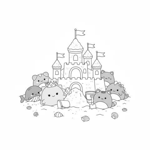 Ausmalbild Squishmallows: eine Sandburg umgeben von sechs Squishmallows und Muscheln an einem Strand