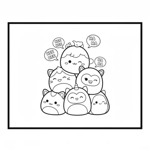 Ausmalbild Squishmallows: eine Pyramide aus sechs lachenden Squishmallows mit Sprechblasen