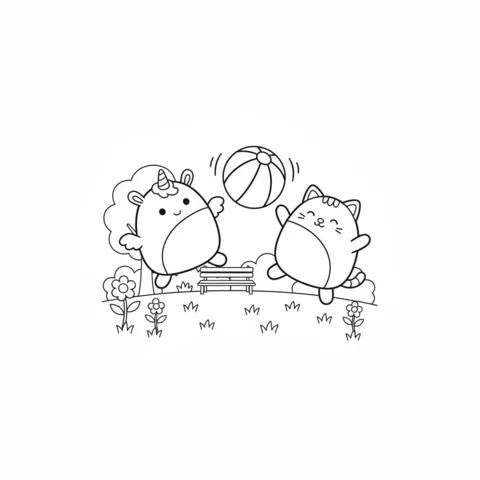 Ausmalbild Squishmallows: ein Einhorn und eine Katze Squishmallow spielen mit einem Ball in einem Park