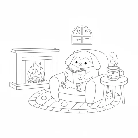 Ausmalbild Squishmallows: ein Hund Squishmallow liest ein Buch in einem Sessel neben einem Kamin