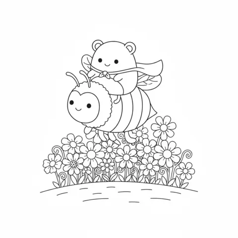 Ausmalbild Squishmallows: ein Bär Squishmallow mit Umhang reitet eine Biene über ein Blumenfeld