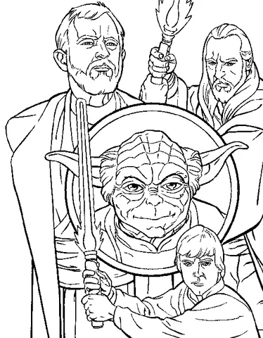 Disegno di Star Wars da colorare: Obi-Wan, Yoda e Luke Skywalker con una spada laser