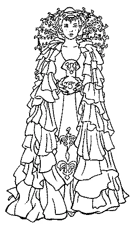 Disegno di Star Wars da colorare: la Regina Amidala in un lungo abito a balze che tiene un orbe ornato