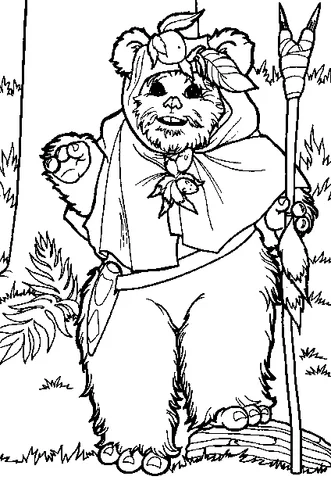 Disegno di Star Wars da colorare: un Ewok in piedi in una foresta, che tiene una lancia e saluta