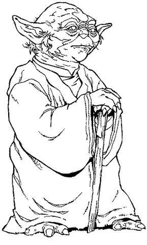 Disegno di Star Wars da colorare: Yoda in piedi con un bastone, che indossa una lunga veste