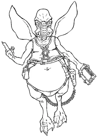 Disegno di Star Wars da colorare: Watto che vola, tiene un dispositivo e indica con un dito