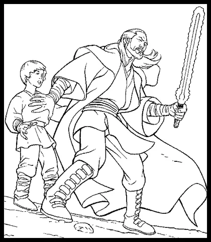 Disegno di Star Wars da colorare: Qui-Gon Jinn con una spada laser, che protegge il giovane Anakin Skywalker