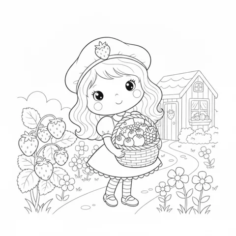 Ausmalbild Strawberry Shortcake: Strawberry Shortcake hält einen Beerenkorb in einem Garten mit einem Haus