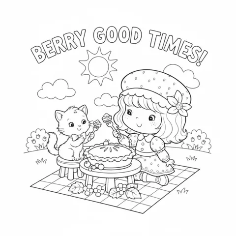 Ausmalbild Strawberry Shortcake: Strawberry Shortcake und eine Katze picknicken mit einem Kuchen und Cupcakes