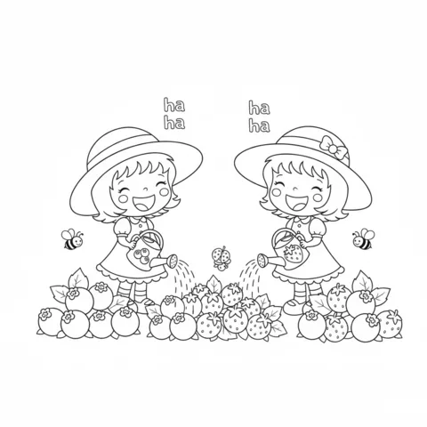 Ausmalbild Strawberry Shortcake: zwei Mädchen mit Hüten gießen einen großen Haufen Beeren, mit Bienen und einem Marienkäfer