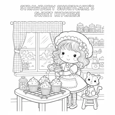 Ausmalbild Strawberry Shortcake: Strawberry Shortcake backt Cupcakes in ihrer Küche mit einer Katze auf einem Hocker
