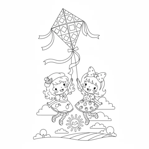 Ausmalbild Strawberry Shortcake: zwei Mädchen lassen einen großen Drachen über einer sonnigen Landschaft mit Feldern und Bäumen steigen