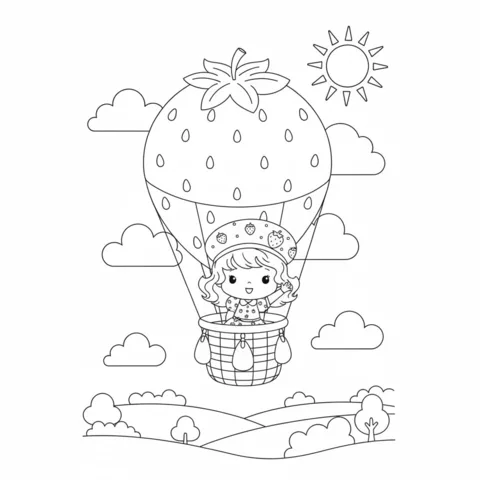 Ausmalbild Strawberry Shortcake: Strawberry Shortcake winkt aus einem erdbeerförmigen Heißluftballon über Hügeln