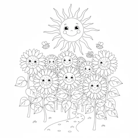 Ausmalbild Sonnenblumen: eine lächelnde Sonne scheint über einem Feld glücklicher Sonnenblumen, mit Bienen und einem Schmetterling