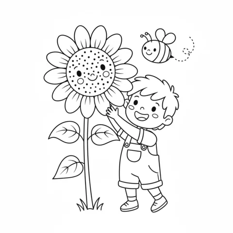 Ausmalbild Sonnenblumen: ein fröhlicher Junge in Latzhosen streckt sich, um eine lächelnde Sonnenblume zu berühren, mit einer Biene in der Nähe