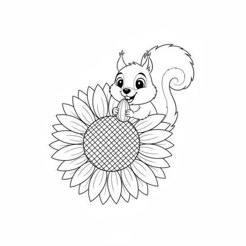 Ausmalbild Sonnenblumen: ein süßes Eichhörnchen sitzt auf einer Sonnenblume und isst einen Sonnenblumenkern