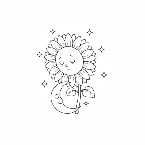Ausmalbild Sonnenblumen: eine traurige Sonnenblume mit geschlossenen Augen, die sich an einen schlafenden Halbmond lehnt, umgeben von Sternen