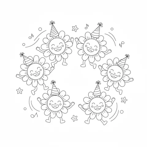 Ausmalbild Sonnenblumen: sieben fröhliche Sonnenblumen mit Partyhüten, die im Kreis tanzen, mit Musiknoten