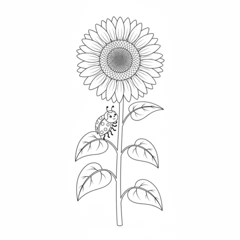 Ausmalbild Sonnenblumen: eine hohe Sonnenblume mit einem Marienkäfer, der ihren Stiel und ihre Blätter erklimmt