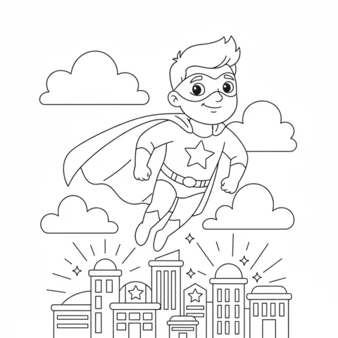 Disegno di Supereroe da colorare: un ragazzo supereroe che vola sopra una città con nuvole intorno a lui