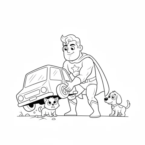 Disegno di Supereroe da colorare: un supereroe che solleva un'auto per salvare un gattino, con un cucciolo che guarda