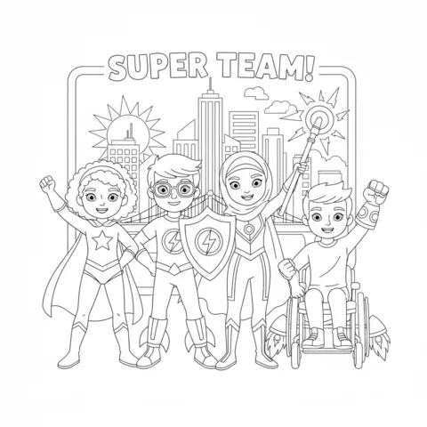 Disegno di Supereroe da colorare: un gruppo eterogeneo di quattro bambini supereroi in piedi davanti a una città