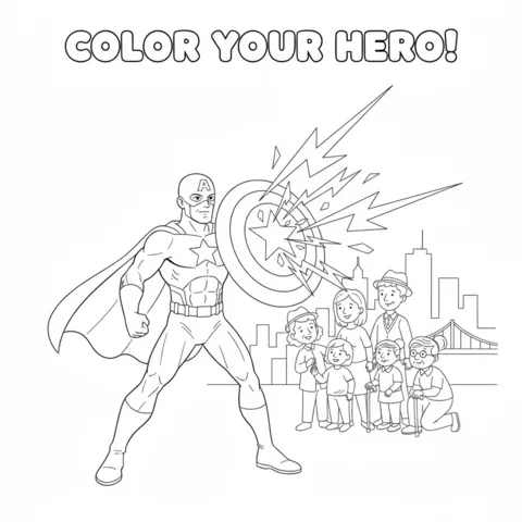 Disegno di Supereroe da colorare: un supereroe con uno scudo che protegge una famiglia da un attacco