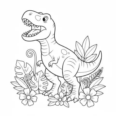 Coloriage T-Rex : un T-Rex rugissant au milieu de grandes feuilles tropicales et de fleurs