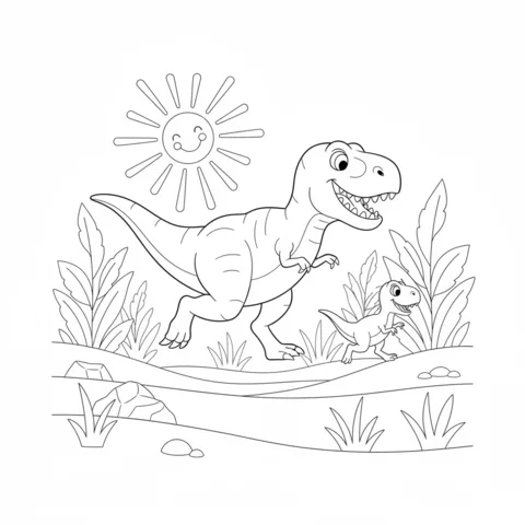 Coloriage T-Rex : un T-Rex adulte et un bébé T-Rex courant ensemble sous un soleil souriant