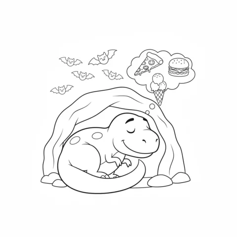 Coloriage T-Rex : un bébé T-Rex dormant dans une grotte, rêvant de pizza, d'un burger et de crème glacée