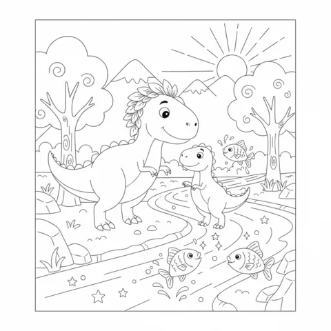 Coloriage T-Rex : deux T-Rex au bord d'une rivière avec des poissons sautant, entourés d'arbres et de montagnes