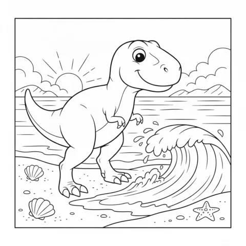 Coloriage T-Rex : un T-Rex sur une plage avec des coquillages, une étoile de mer et une vague déferlante