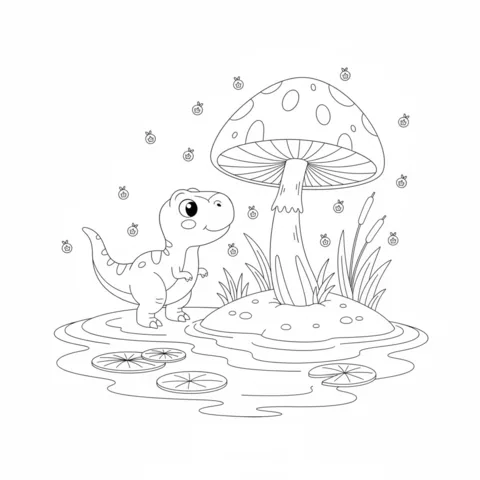 Coloriage T-Rex : un bébé T-Rex debout dans un étang à côté d'un champignon géant et de nénuphars
