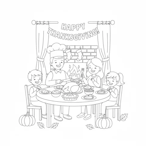 Coloriage Thanksgiving : une famille de quatre personnes mangeant le dîner de Thanksgiving à une table près d'une cheminée