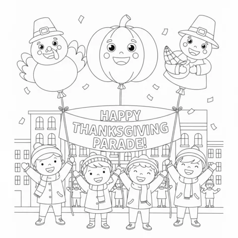 Coloriage Thanksgiving : quatre enfants tenant une bannière "Happy Thanksgiving Parade!" avec des ballons