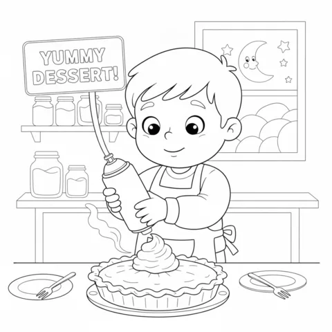 Coloriage Thanksgiving : un garçon mettant de la crème fouettée sur une tarte, avec un panneau "Yummy Dessert!