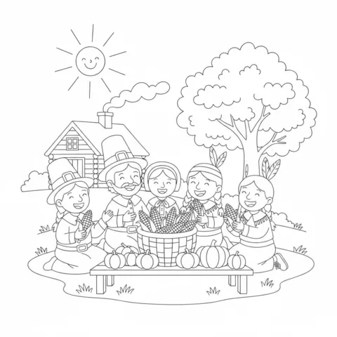 Coloriage Thanksgiving : des pèlerins et des Amérindiens tenant du maïs, avec des citrouilles et une cabane