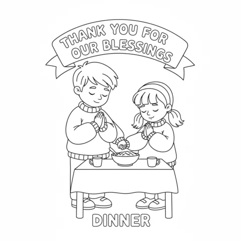 Coloriage Thanksgiving : un garçon et une fille priant devant un bol de nourriture, avec un panneau "Dinner
