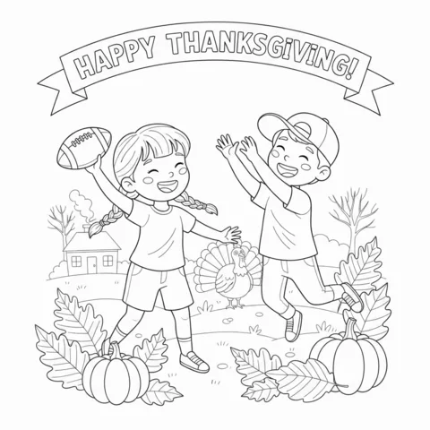 Coloriage Thanksgiving : deux enfants jouant au football en plein air avec une dinde, des citrouilles et des feuilles