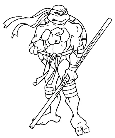 Teenage Mutant Ninja Turtles Ausmalbild: Leonardo steht mit seinem Bo-Stab, bereit zum Kampf