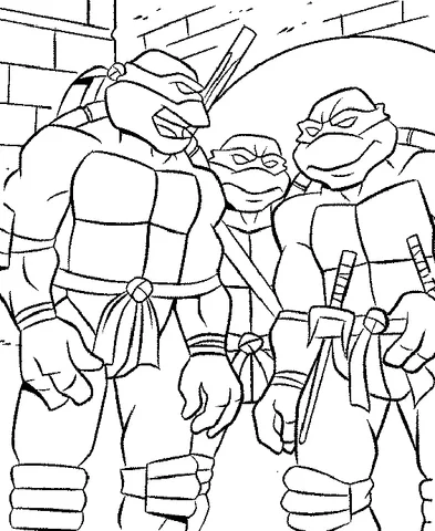 Teenage Mutant Ninja Turtles Ausmalbild: drei Schildkröten stehen zusammen, zwei mit Katanas auf dem Rücken