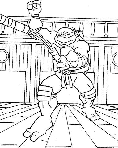 Teenage Mutant Ninja Turtles Ausmalbild: Michelangelo in Kampfhaltung, mit Nunchakus