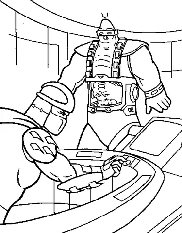 Teenage Mutant Ninja Turtles Ausmalbild: Shredder und Krang in einem Labor, Krang in seinem Roboterkörper