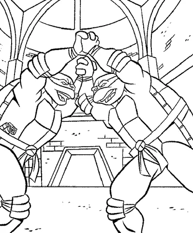 Teenage Mutant Ninja Turtles Ausmalbild: zwei Ninja Turtles kämpfen in einem Dojo mit Bogenfenstern
